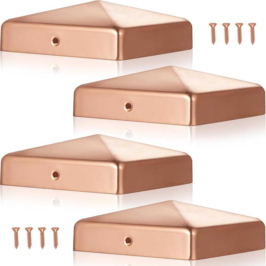 Tandefio 4 Pcs 4x4'' (Actual 3.5x3.5'') Solid Copper Post Caps Fence Pyramid Decking Caps with Screw for Metal Wood Cedar Fence Deck Corridors Mailbox Posts End Cover