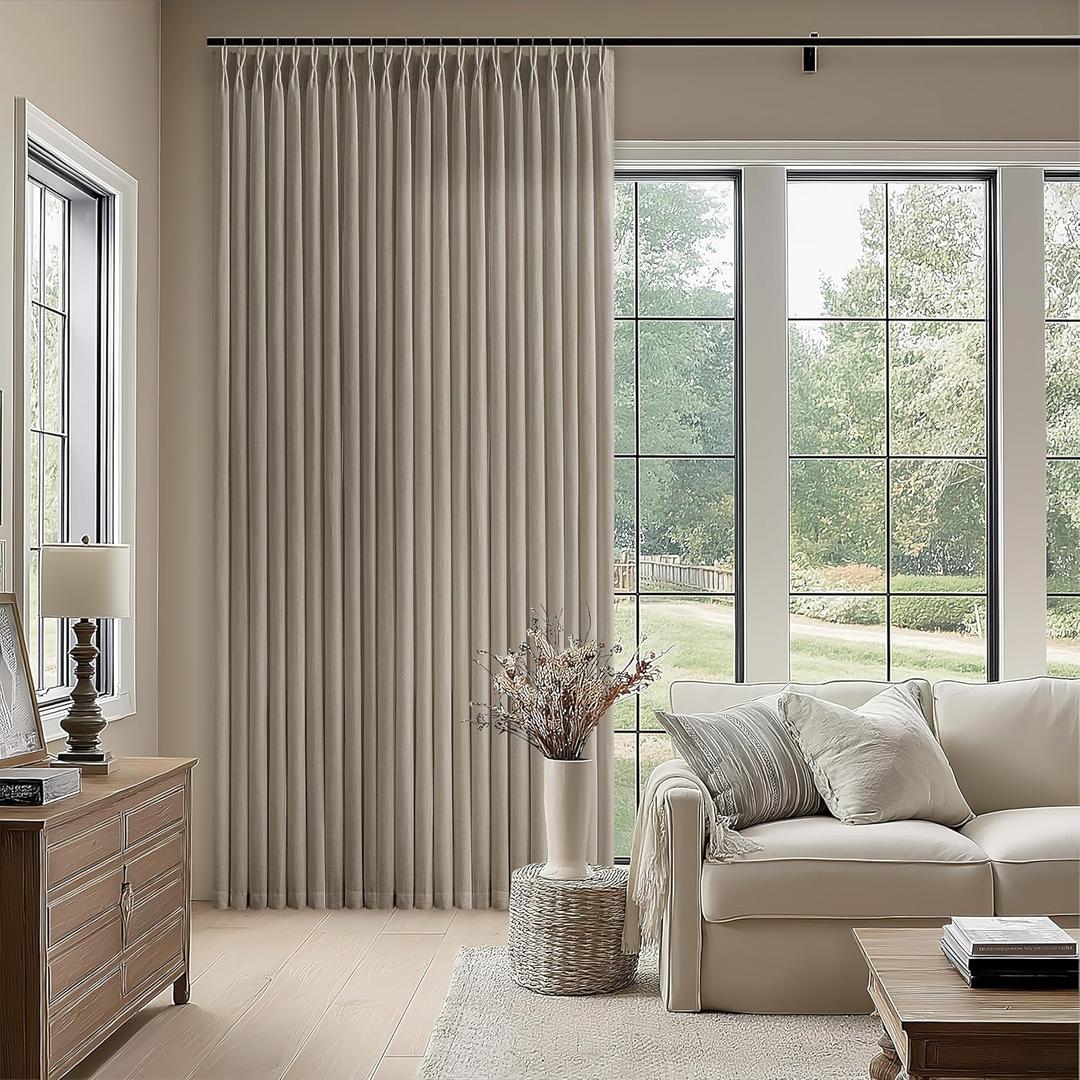 Linen Taupe Pleated Curtains 90 Inches Long 70 Inch Wide Patio Sliding Glass Door Curtains Light Filtering Semi Sheer Pinch Pleat Drapes Boho Extra Wide 70x90 Curtain for Living Dining Room