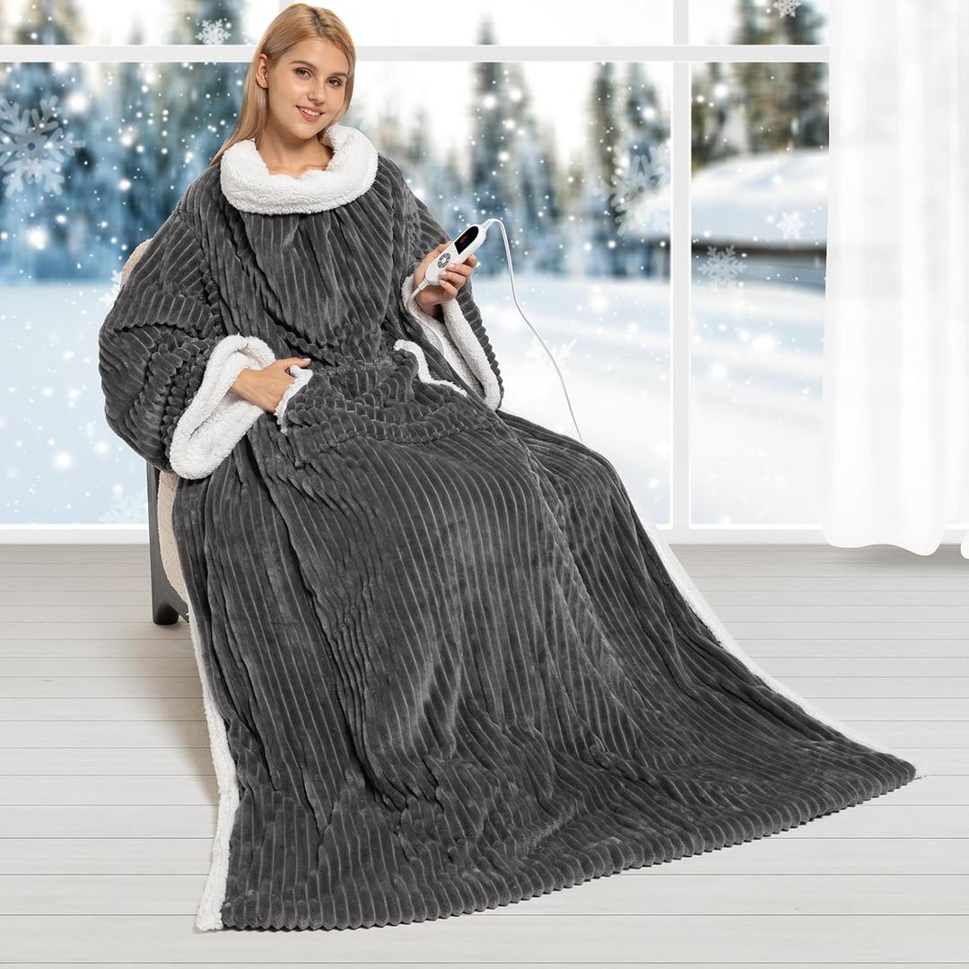 Electric Blanket Heated Throw, Soft Flannel & Sherpa Wearable Heated Blanket with Sleeves, Heating Wearable Blanket with 6 Heating & 12H Auto Off, ETL Certified, Home Office Use, 52x72 Inch, Dark Grey