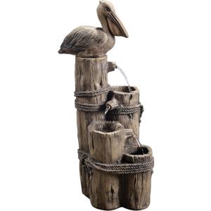 Teamson Home Nautical 3 Tiered Floor Waterfall Fountain with Pelican and Wooden Post, Pump for Outdoor Patio Garden Backyard Decking, 35 Inch Height, Brown