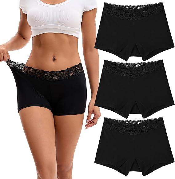 INNERSY Women's Lace Underwear Cotton Soft Boyshorts Panties Boxer Briefs 3-Pack L