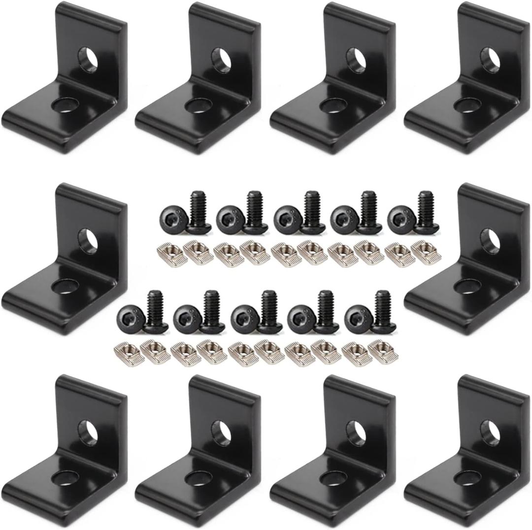 10 Pcs 90 Degree Angle 2020 Aluminum Corner Brackets Profile Corner Joint Connectors Corner Braces with Mounting Screws and Nuts, Black