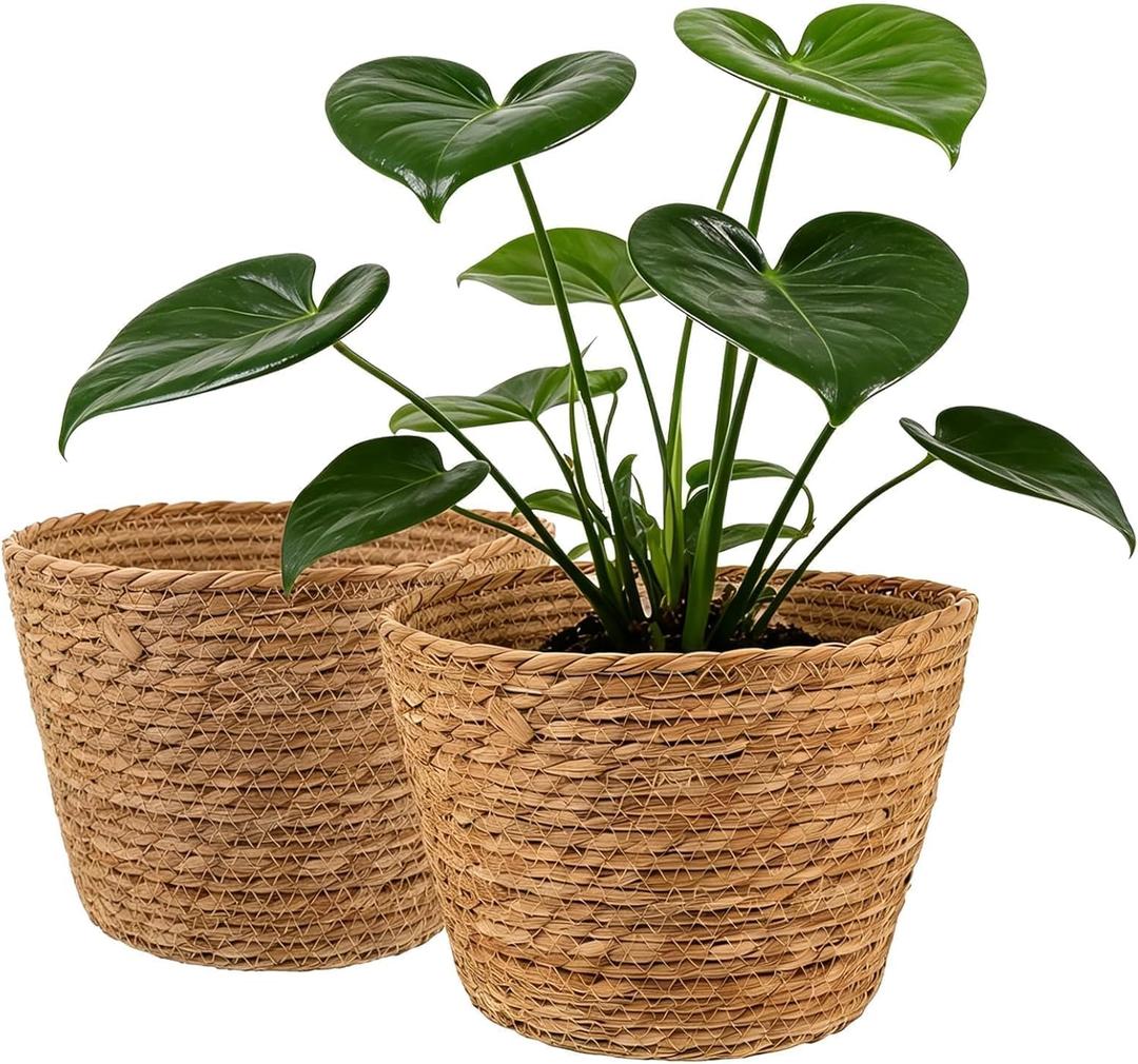 2PCS Seagrass Plant Basket for Indoor and Outdoor,Wicker Large Planter Basket for 6 inch Pot,Rattan Plant Pot Covers for Potted Plants,Woven Storage Baskets for Rustic Boho Farmhouse Decor