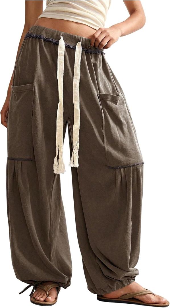 RoseSeek Women's Baggy Boho Harem Pants Drawstring Waist Wide Leg Sweatpants Casual Trousers Joggers with Pockets L