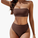 YACUN Women's High Waisted Bikini Swimsuit Two Piece Strapless Bandeau Cheeky Bathing Suits, L, Coffee