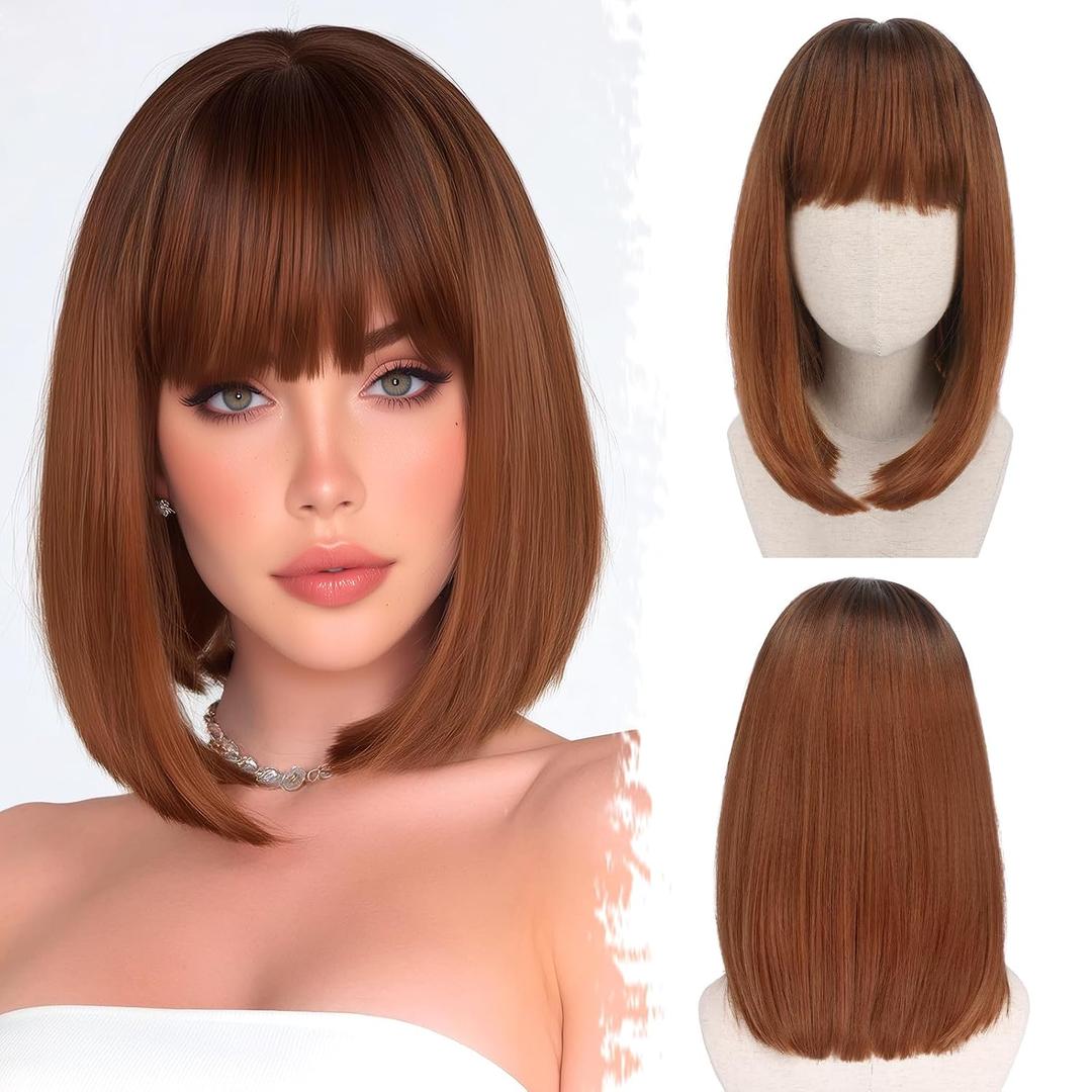 BARSDAR Short Bob Auburn Wig With Bangs - Short Auburn Bob Wig for Women, Thick Soft Synthetic Straight Natural Looking Daily Fun Halloween Cosplay Party Colorful Bobs Copper Redhead Wigs