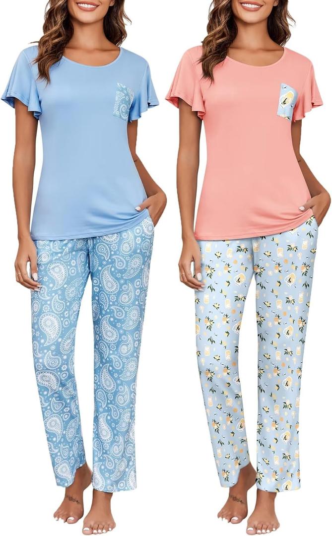 Ekouaer 2 Pack Womens Pajama Sets Short Sleeve with Long Pajama Pant Set Soft Sleepwear Printed Pj Lounge Sets with Pockets (XX-Large, Light Blue Floral+pink Fruit)