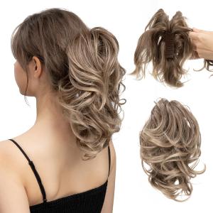 CJL HAIR Claw Clip Short Ponytail Hair Extensions DIY Bendable Metals Messy Bun Hair Piece for Wonen Wavy Curly Synthetic Fake Hairpieces Brown to Ash Blonde