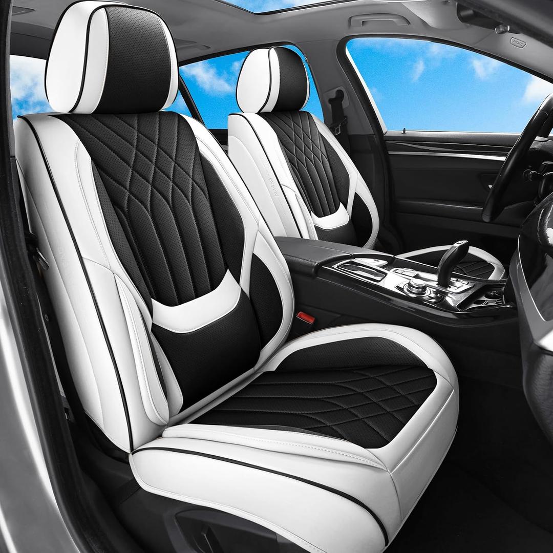 Black White Car Seat Covers Full Set, Full Coverage Luxury Leather Automotive Seat Covers Waterproof Car Seat Protector, Front & Rear Seats Cover Sets Universal Fit for Most Cars SUVs Trucks