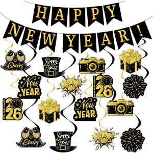 New Year Decorations 2026, Happy New Years Banner& 16 Pieces Hanging Swirls for Happy New Year Eve NYE Party Supplies(Black Gold)