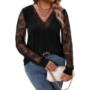 SweatyRocks Women's Plus Size Lace Tops Mesh Long Sleeve V Neck Fitted Tees Shirts (Black), XL