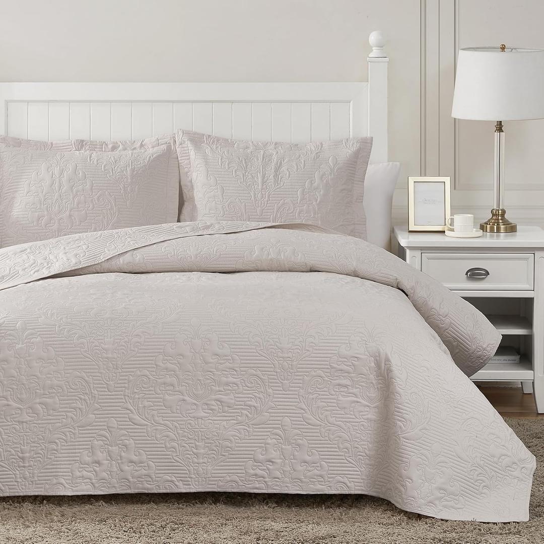 Hansleep Cream Quilt King Size - Damask Ultrasonic All Season Bedspread King, Soft Lightweight Coverlet Bedding Set, 3 Piece (1 Quilt, 2 Pillow Shams)