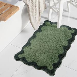 Uphome Bath Mats for Bathroom, Cute Green Absorbent Bathroom Rug Non Slip, 18x26 Soft Scalloped Machine Washable Shaggy Microfiber Bathroom Mat for Shower, Floor, Tub, Sink