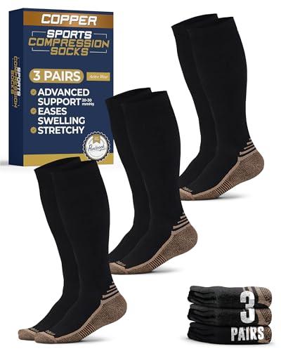 Pembrook 3 Pairs Copper Compression Socks Men 20-30 mmHg, Black Compression Socks, Support for Running Athletic Cycling Hiking, Good for Edema and Varicose Veins