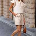 KevaMolly Womens Lounge Sets Textured Ruffled Sleeve Zipped Top and Wide Leg Shorts Set Daily Two Piece Sets Apricot M (M)