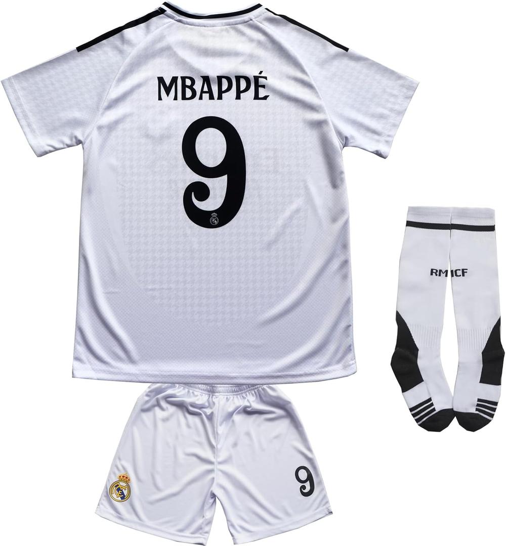 Pitch and Trek Madrid 24/25 Home Kids Soccer Jersey Shirts Football Futbol Socks Gift Set Youth Sizes (28 (10-11 Years), White 9)
