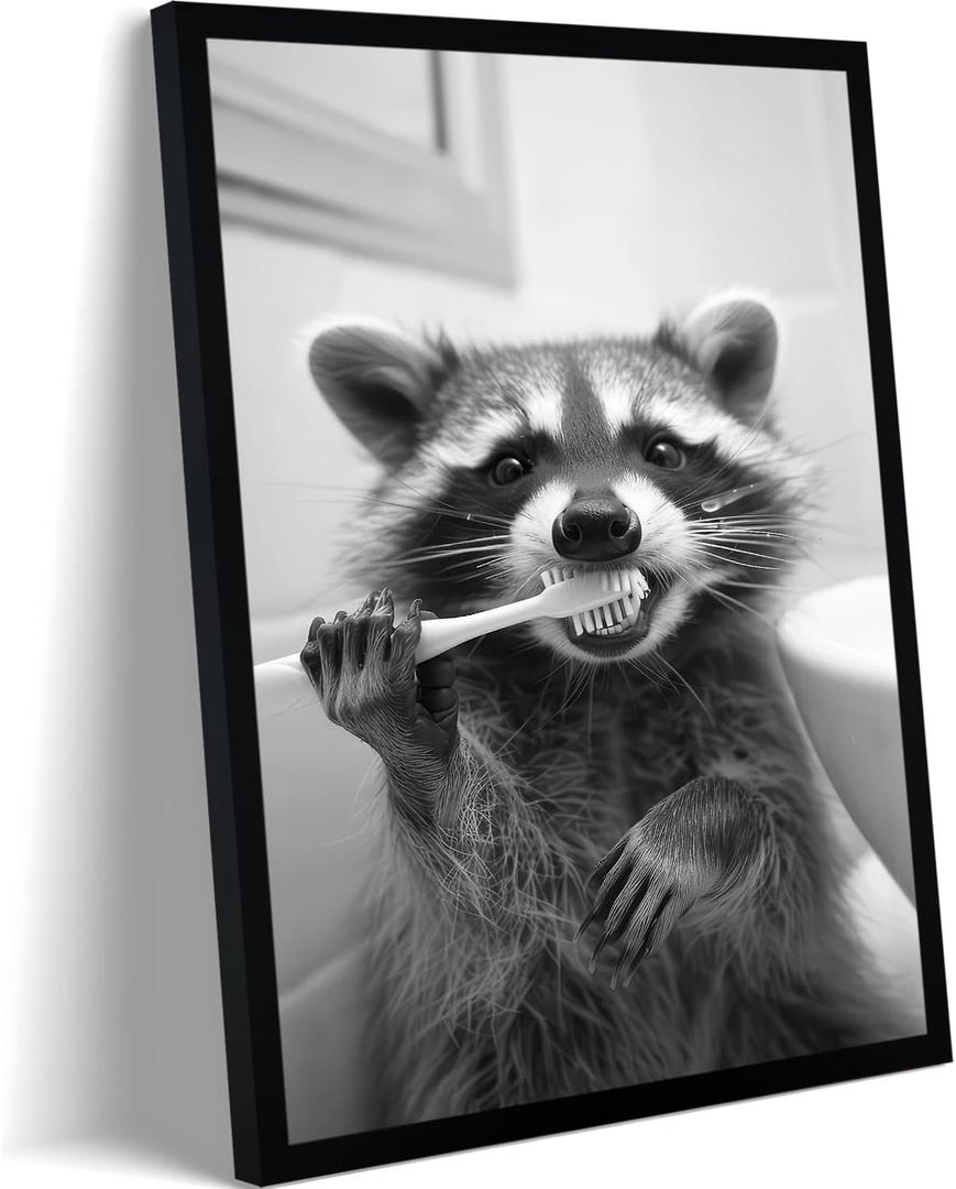 Funny Bathroom Wall Art Framed Raccoon Bathroom Pictures Wall Decor, 24"L x 16"W