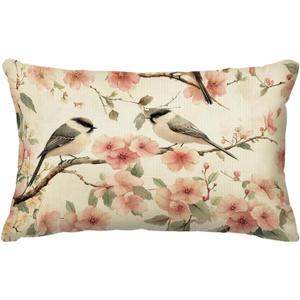 Chinoiserie Flowers Birds Spring Pillow Cover 12x20 in, Flowers Birds Leaves Decorative Pillow Cases, Vintage Pillow Cover for Home Living Room Bedroom Couch Sofa