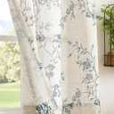 jinchan Floral Kitchen Curtains 45 Inch Linen Tier Curtains Farmhouse Cafe Half Window Drapes for Small Windows Light Filtering Blue on Beige for Living Room Bathroom Back Tab 2 Panels