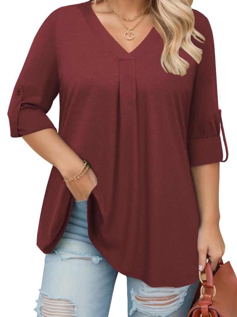3/4 Length Sleeve Womens Tops Plus Size Going Out Pleated V Neck T Shirts (Red)