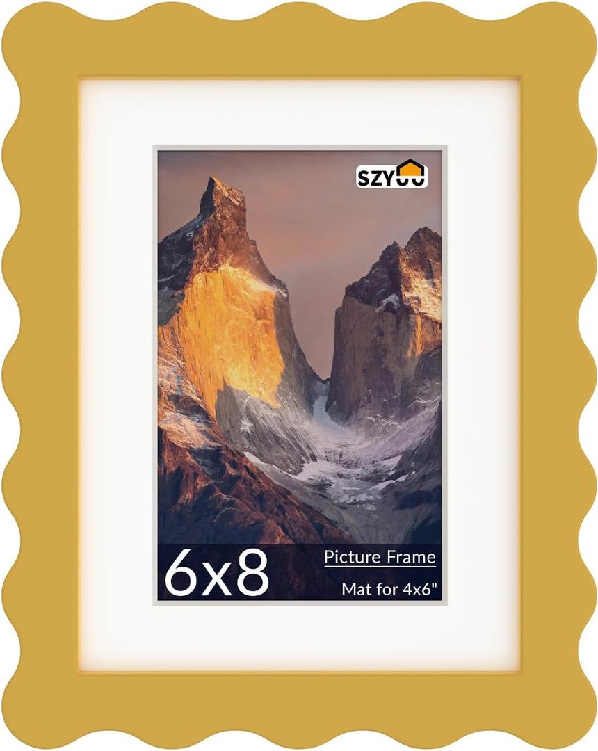 6x8 Wavy Picture Frame with Mat for 4x6, Real Glass and Wooden Frame - Tabletop or Wall Hanging Photo Frame(1 Pack, Yellow)