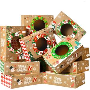 JOYIN 12PCS Christmas Cookie Boxes for Gift Giving, 8.75" x 5.75" x 2.75" Xmas Holiday Bakery Treat Boxes with Window, Kraft Cookie Tin Container Box for Baked Goods, Cupcake, Pastry, Candy, Brownies (Christmas Theme Color)