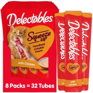 Delectables Squeeze Up Creamy Squeezable Puree, Lickable Wet Cat Treats, Grain Free, No Added Fillers, No By-Products, No Added Preservatives, 0.5 Ounces Tube Chicken Flavor, 32 Tubes Total