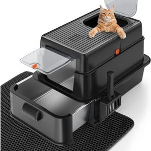 FURTIME Stainless Steel Litter Box with Lid, XL Extra Large Cat Litter Box for Big Cats, Enclosed Drawer Metal Litter Boxs with High Sided Enclosure & Mat, Front & Top Entry, Odor Free, Anti-Leakage (Black)