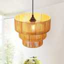 12'' Natural Rattan Chandelier -Small Farmhouse Boho Style with E27 Bulb, 120V Pendant Light, Fandelier, Hanging Lamp, Wicker Pendant Lamps for Dining Room/Kitchen/Bedroom/Living Room/Island