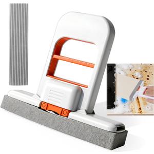 Juome Mini Foldable Desktop Mop - Portable Self-Squeeze Sponge Cleaning Tool, Wet and Dry Use Cleaning System, Mini Mop for Kitchen Counter, Bathroom, Glass (2 Sponge Head + 1 Squeeze Handle)