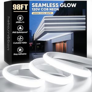 COB Led Neon Rope Lights 98ft 6000K Cool White, 110-120V Outdoor Waterproof Lighting Strip 600lm/m Bright, Cuttable and Adhesive, for Roof Bedroom Garden Commercial