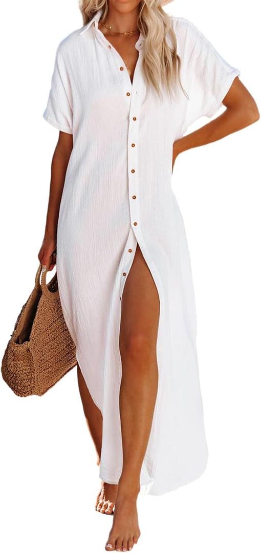Dokotoo Swimsuit Beach Vacation Clothes Cover Ups for Women 2026 Outfits Summer Dresses Button Down Long Kimonos Cardigan Short Sleeve Side Split Casual Solid Loose Fit Fashion Bathing Suit White S