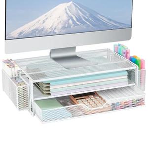 AUPSEN Computer Monitor Stands Riser，2-Tier Desk Organizers and Accessories, Office Desk Accessories Organizer with Drawers and 2 Pen Holder for Office Supplies (White)