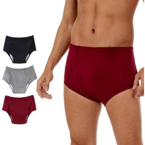 Washable Incontinence Underwear for Men - Cotton Urinary Leakproof Briefs with Flying, Complete Front & Rear Leak Proof, 150ml Absorbency (3 Pack, Black/Gray/Burgundy, 2XL) (XX-Large)