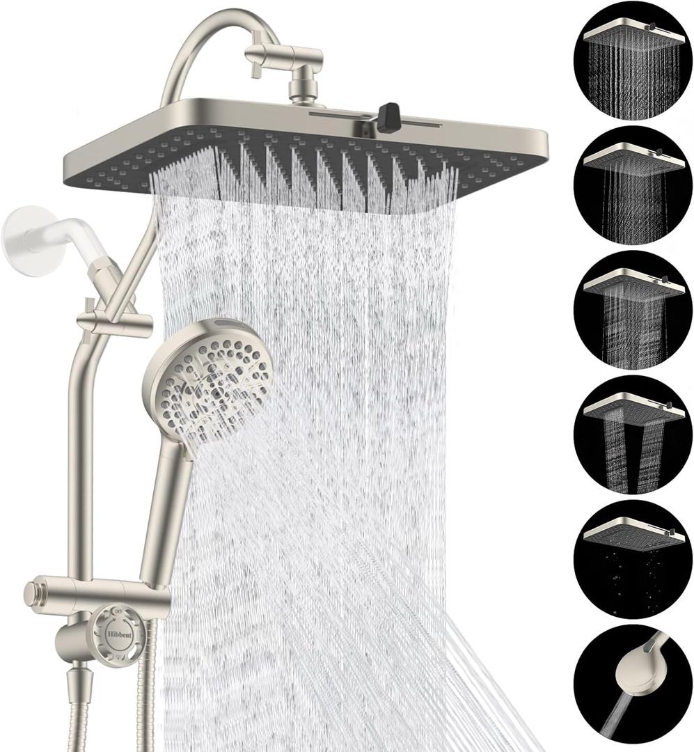 Hibbent Upgraded 13'' Shower Head Combo, High Pressure 5 Spray Rainfall Showerhead, 10 Spray Mode Handheld, All Metal Easy Reach 4-way Diverter with Pause Mode, 71'' Hose and Holder, Brushed Nickel