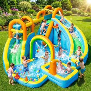 FINCOME Inflatable Water Slide, Bounce House with 2 Slide for Kids, Inflatable Waterslide Park with Splash Pool, Basketball Hoop, Ball Shooting & Water Cannon for Backyard, Outdoor, Indoor