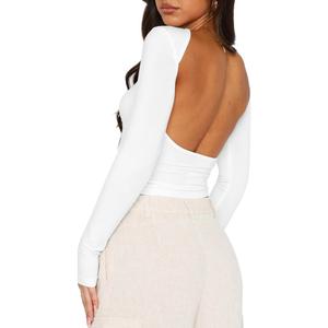 Womens Long Sleeve Sexy Backless T Shirts Y2K Casual Fall Slim Fitted Crop Top (White, M)