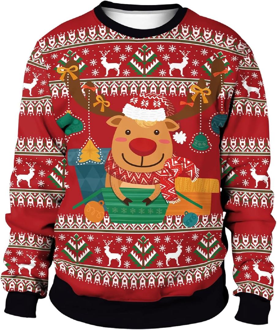 Colorful House Unisex's Ugly Christmas Jumper Sweater Printed Pullover,3D Funny Digital Print Sweatshirt Suit for Men Woman (Cute Reindeer Red)