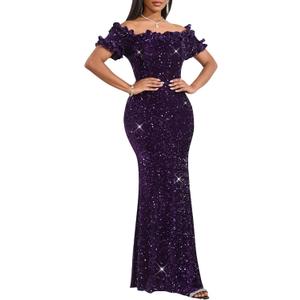 dasmzper Women Sexy Sequin Off Shoulder Ruffle Short Sleeve Bodycon Mermaid Party Formal Evening Maxi Dress (Purple) XXL