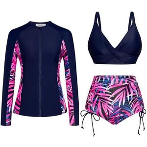 JASAMBAC Women 3 Piece Rash Guard Long Sleeve Zip Up Swimsuits with Boyshort UV UPF 50+ Swim Shirt Built in Bra Size 2XL