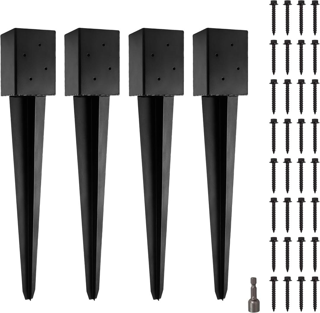LADECH 4x4 Metal Fence Post Anchor - 24' Black Powder Coated Spikes (Pack of 4) for 3.5x3.5 Wood Posts