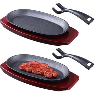 2 Pieces Oval Cast Iron Fajita Skillet Pan Set Small Sizzling Steak Plate with Wooden Base and Handle Cast Iron Fajita Skillet Sizzling Plate for Home Restaurant Barbecue Wedding Valentine's Day (9.5 in X 5.5 in)