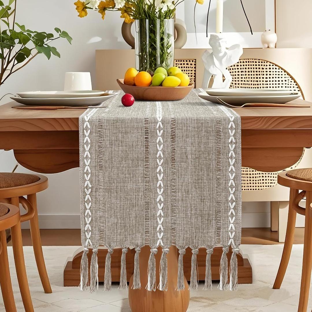 5 x OTOSTAR Table Runner with Tassels 13x72 Inch Rustic Farmhouse Table Runners Boho Hemstitched Embroidered Table Runner 72 Inches Long Rustic Home Holiday Party Dining Decor (Coffee)