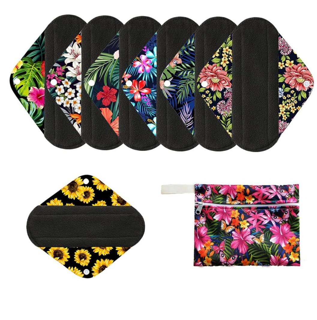 7pcs/Set Reusable Menstrual Pads Including 1pc Mini Wet Bag +6pcs Bamboo Charcoal Cloth Menstrual Incontinence Pads/Reusable Sanitary/Mama Panty Liners (All Randomly Prints)