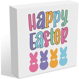 3 x Cute Bunny Easter Decorations Wooden Box Sign, Easter Decor Wooden Block Plaques Signs, Rabbit Spring Holiday Decor Living Room Kitchen Office Home Decorations Cubicle Shelf Table Desk Decor