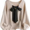 SOLY HUX Women's Plus Size Sweaters Pullover Bowknot V Neck Long Sleeve Knit Tops Fall Clothes (Apricot, XL Plus)