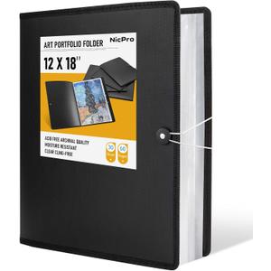 Nicpro 12"x18" Art Portfolio Folder, 30 Pockets Display 60 Pages Art Painting Portfolio Binder with Clear Plastic Sleeves, Presentation Storage Book for Artists Artwork Drawing - (Black)