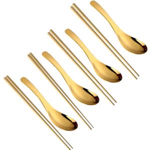 Chinese Metal Soup Spoons and Chopsticks Set for 4 People, Reusable Stainless Steel Ramen Short Handle Spoon Set Asian, Christmas Gift Dishwasher Safe (Gold)