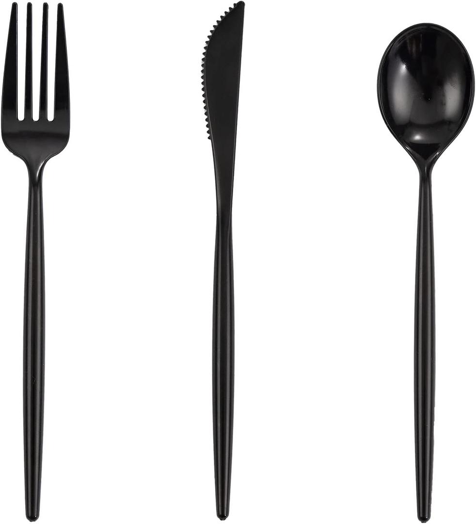 Supernal 180pcs Black Plastic Silverware Heavy Duty Black Party Cutlery Disposable Plastic Forks and Spoons Disposable Utensils Flatware Include 60 Forks,60 Knvies,60 Spoons