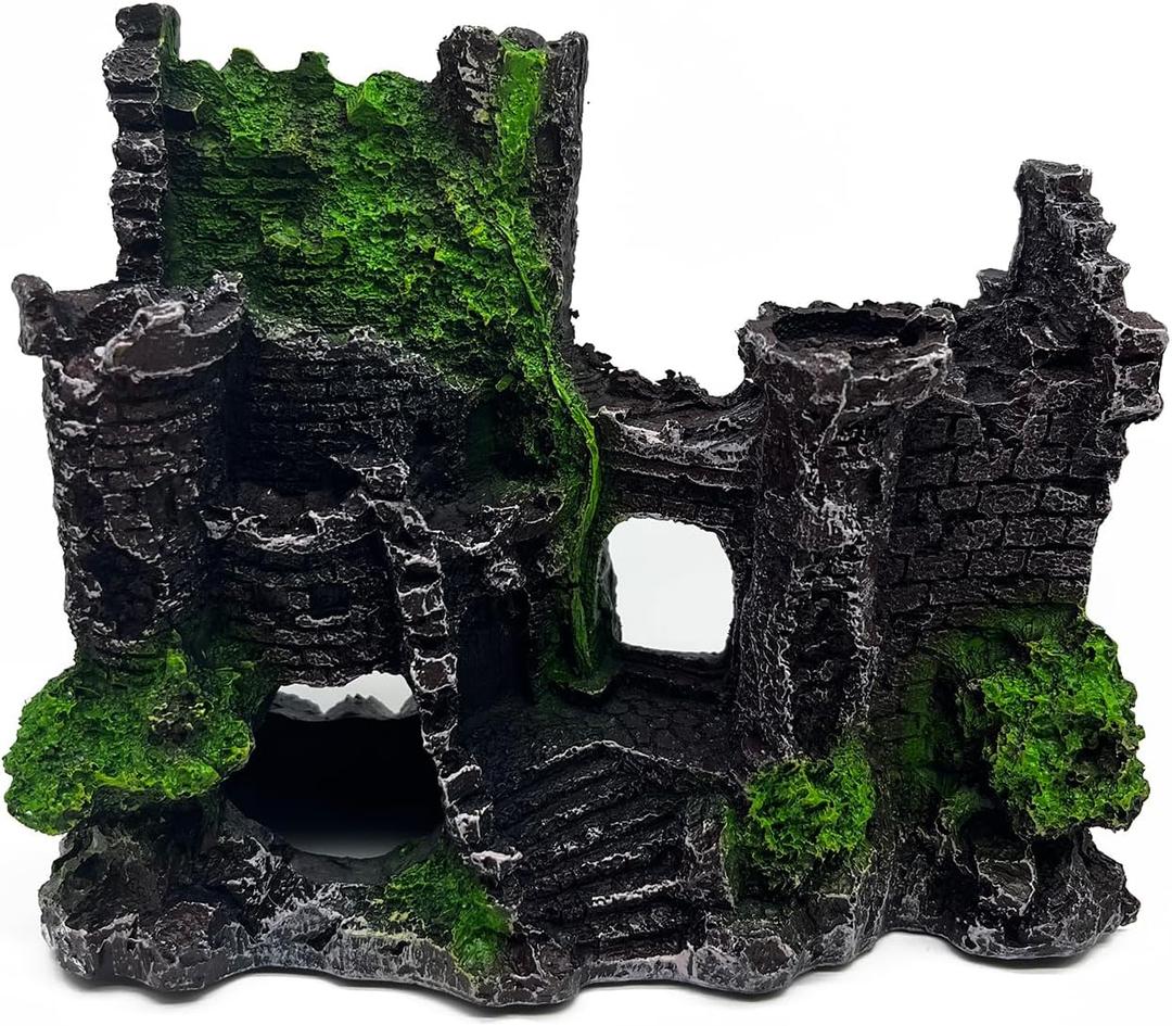 Mipukbay Green Aquarium Decor Castle, Resin Fish Tank Decoration Ornament for Freshwater/Saltwater, Safe Landscape Rock Cave Hideout for Betta Fish, Goldfish and Aquatic Pets (Brown)